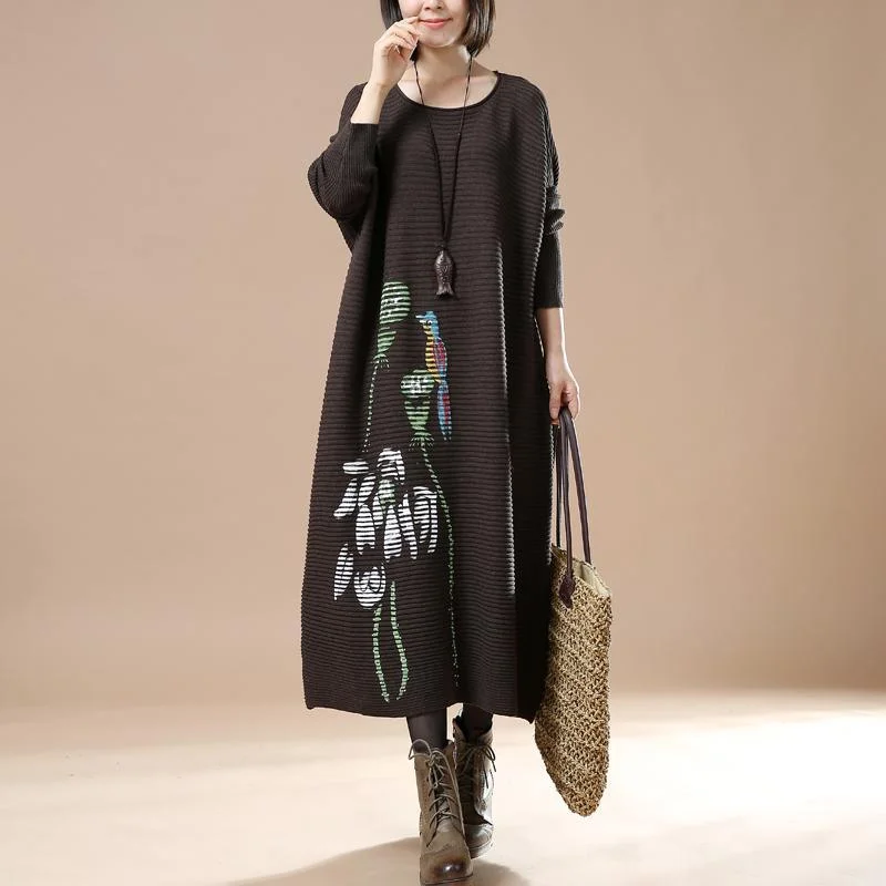 Brown long maxi dresses knit sweaters Solid Print Embellished