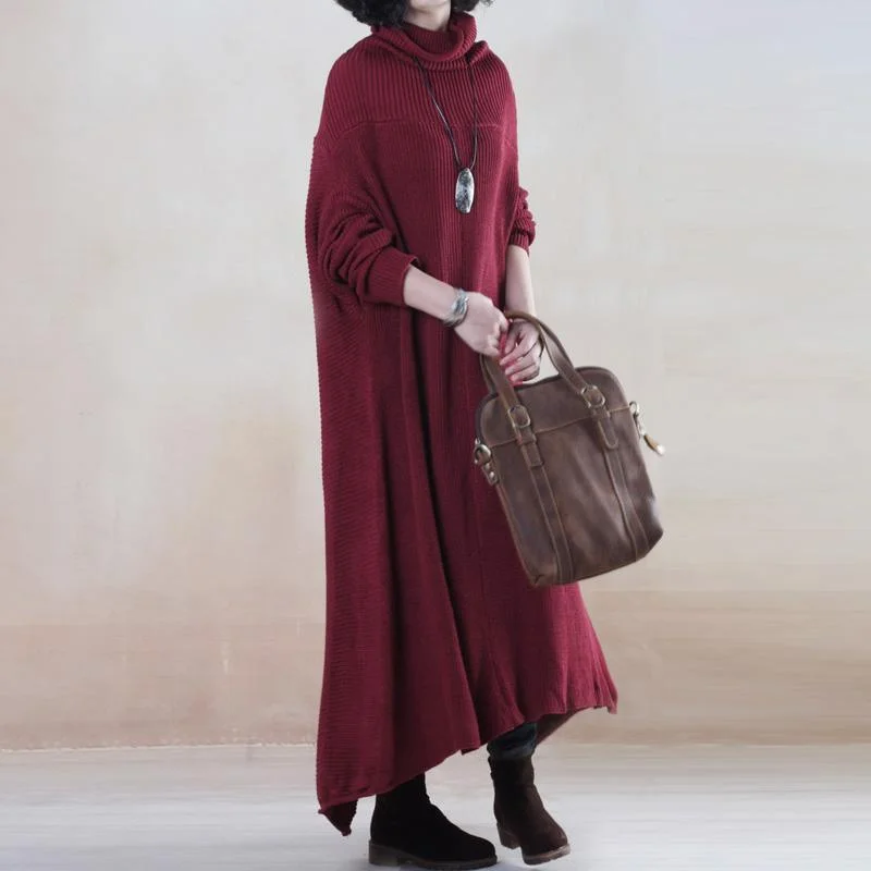 Burgundy long cotton sweater dress knit maxi dresses Herringbone Houndstooth Plaid