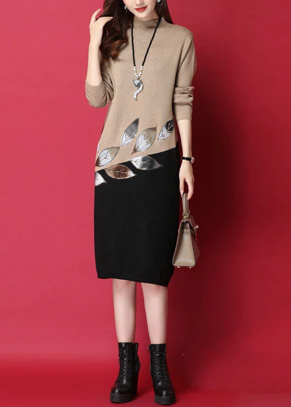Camel Patchwork Knitted Sweater Dress Leaf Sequins Long Sleeve Transparent Opaque Sheer