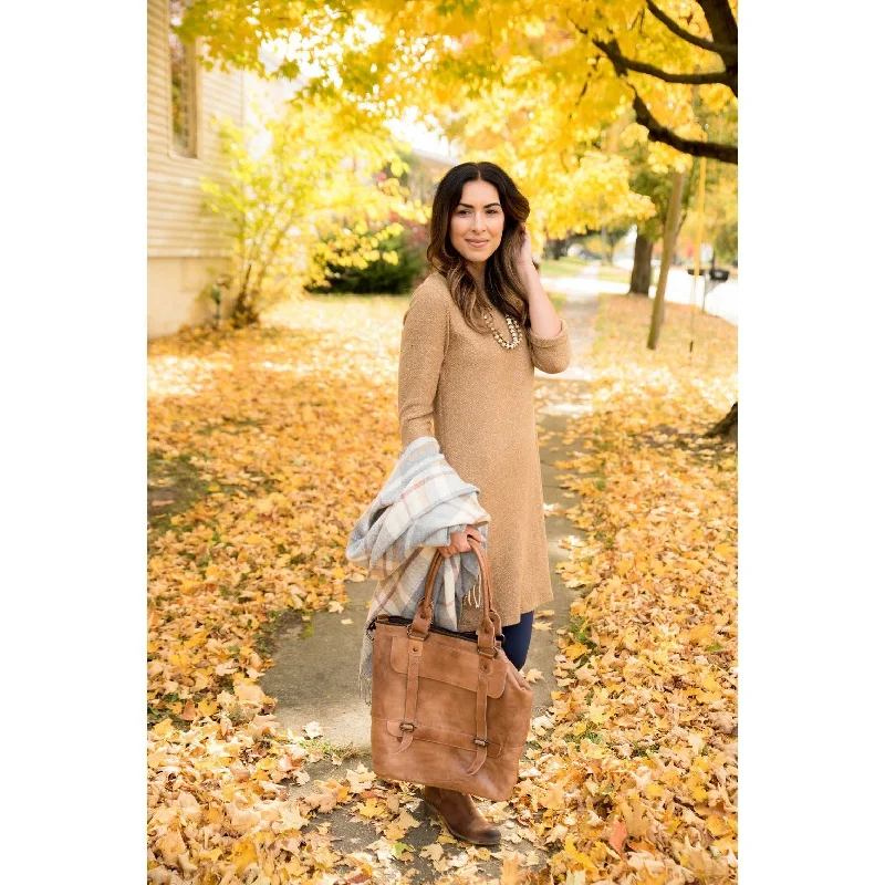 Camel Sweater Dress Striped Floral Plaid