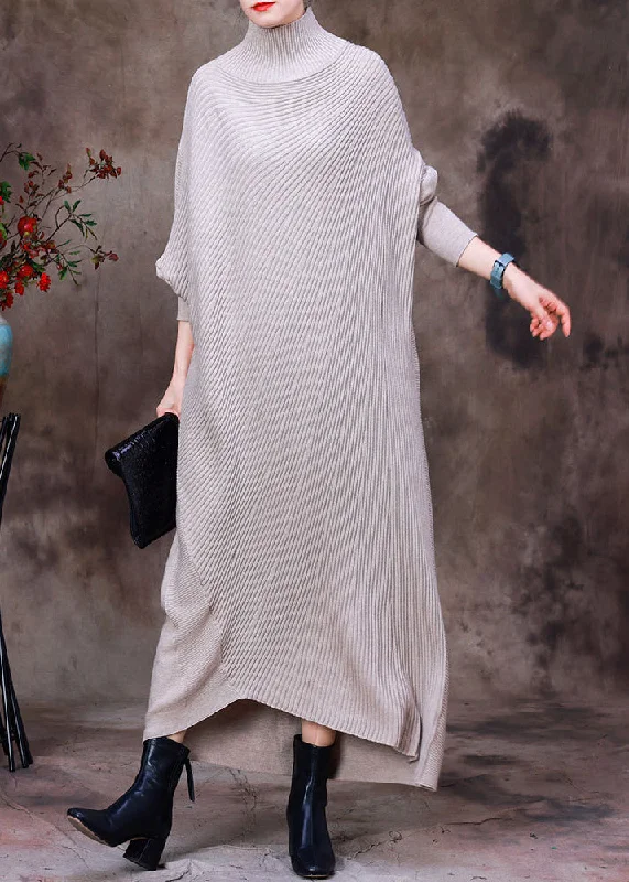 Casual Apricot Turtleneck Low High Design Woolen Knit Ankle Sweater Dress Long Sleeve Fitted Slim Tailored