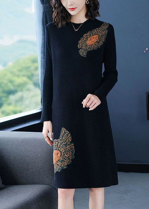 Casual Black Stand Collar Jacquard Knit Sweater Dress Winter Oversized Loose Flowy