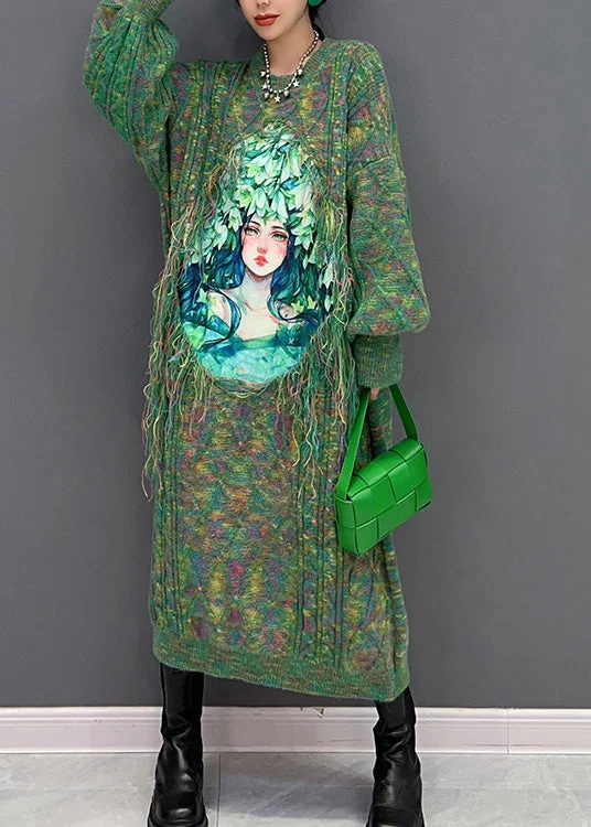 Casual Green O-Neck Print Knit Holiday Maxi Sweaters Dress Winter