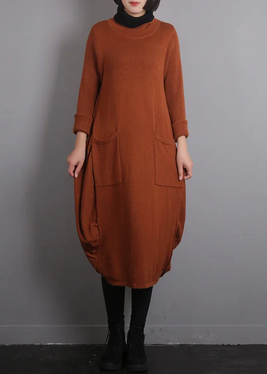 Casual Orange O-Neck Knit Cotton Thread Sweater Dress Fall Soft Cozy Warm