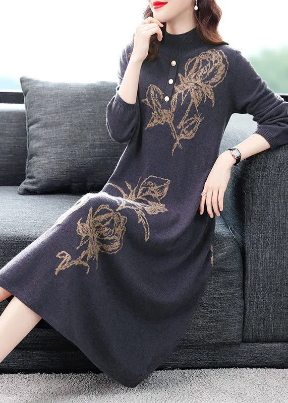 Casual Purple Stand Collar Print Knit Sweater Dress Winter Stylish Fashionable Trendy