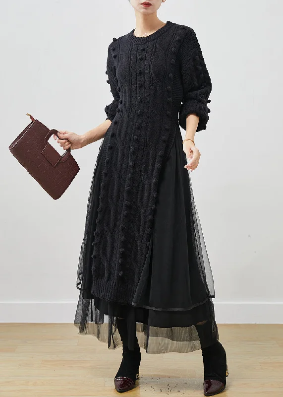 Chic Black Side Open Knit Sweater Dress And Tulle Skirt Two Pieces Set Winter Stretchy Elastic Breathable Chic Black Side Open Knit Sweater Dress And Tulle Skirt Two Pieces Set Winter Stretchy Elastic Breathable