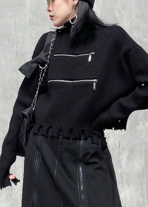 Chic Black zippered tasseled fashion Fall Sweater Layered Multi-layer Single Layer