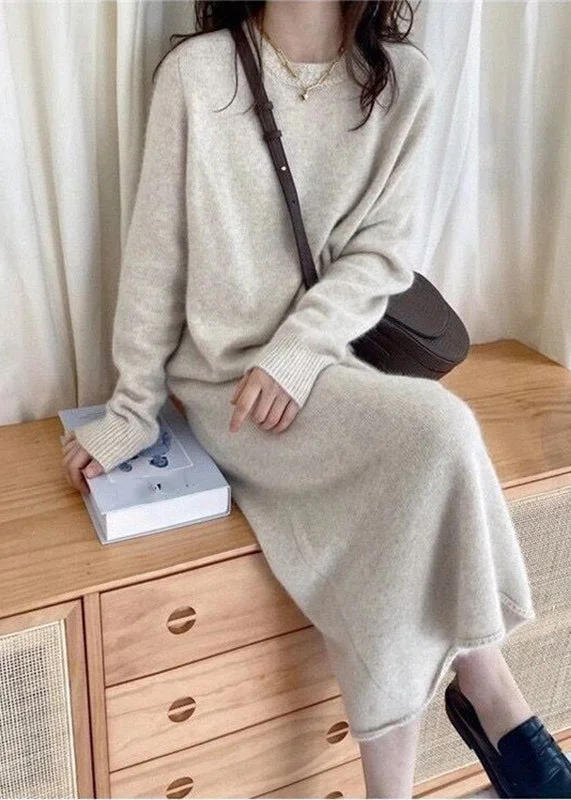 Chic Light Grey Cozy Long Cashmere Knit Sweater Dress Fall