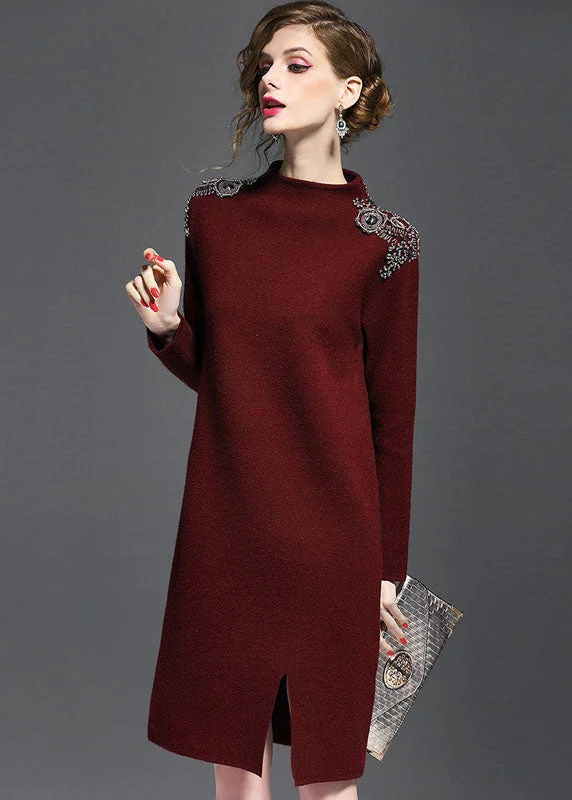 Chic Mulberry Turtle Neck Side Open Knit Sweater Dress Long Sleeve Lightweight Heavyweight Midweight Chic Mulberry Turtle Neck Side Open Knit Sweater Dress Long Sleeve Lightweight Heavyweight Midweight