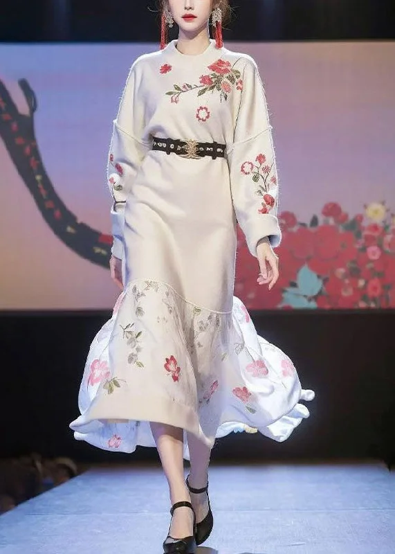 Chinese Style Apricot Print Sashes Cotton Knit Long Sweater Dress Winter Solid Color Striped Floral Print Chinese Style Apricot Print Sashes Cotton Knit Long Sweater Dress Winter Solid Color Striped Floral Print