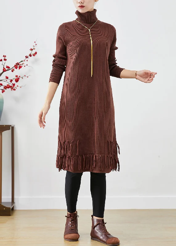 Chocolate Knit Sweater Dress High Neck Tasseled Fall Plaid Sweater Polka Dot Checkered Chocolate Knit Sweater Dress High Neck Tasseled Fall Plaid Sweater Polka Dot Checkered