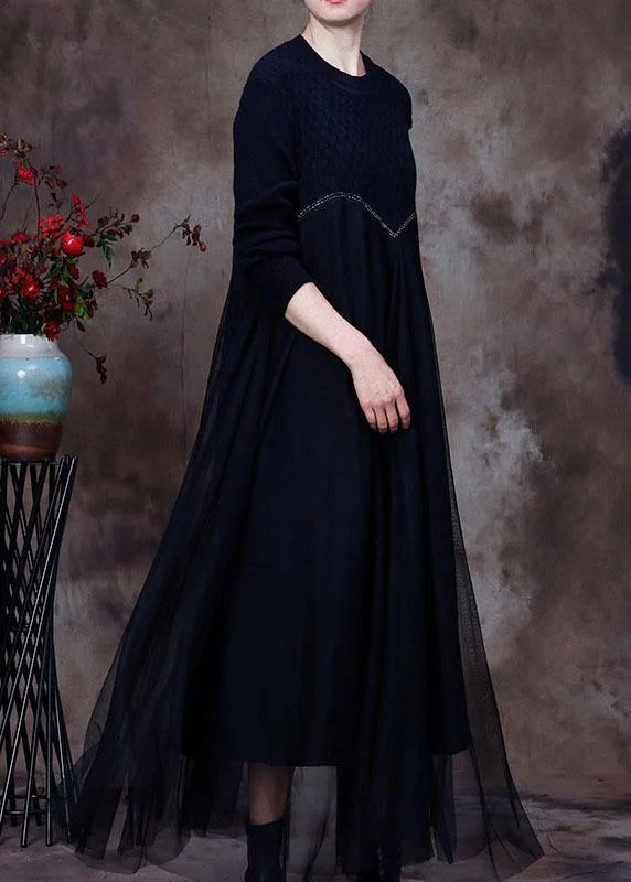 Classy Black Knit Patchwork Fall Sweater Dress Slim Fit Regular Fit Oversized
