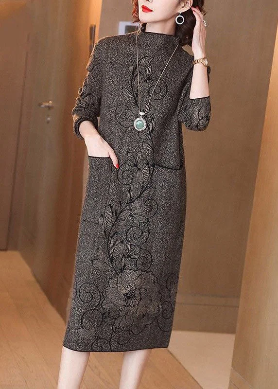 Classy Coffee High Neck Print Pockets Knitted Sweater Dress Winter Open Front Closed Front Wrap Front Classy Coffee High Neck Print Pockets Knitted Sweater Dress Winter Open Front Closed Front Wrap Front