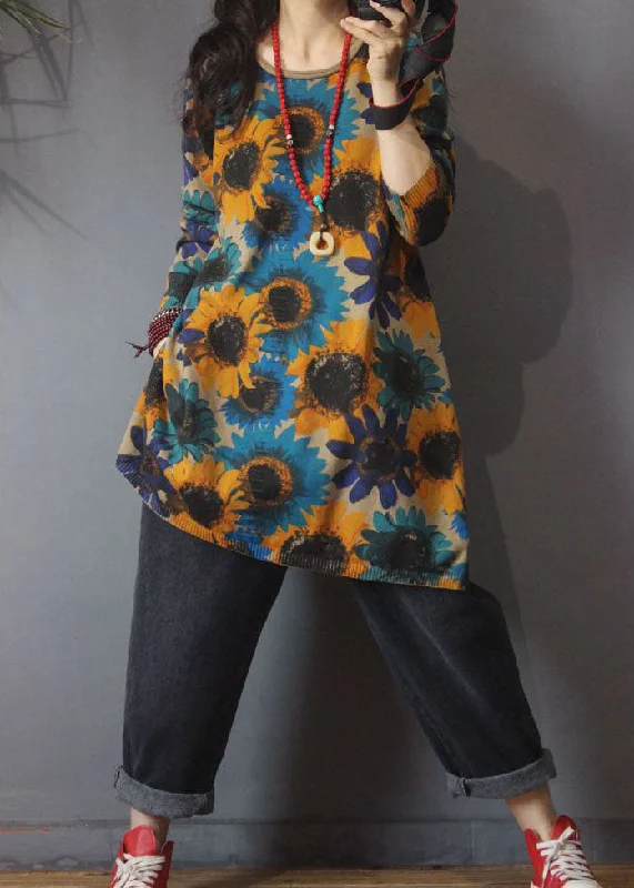 Classy Khaki O-Neck Print side open Fall Knit Knit Long Sweater Elasticated Padded Insulated