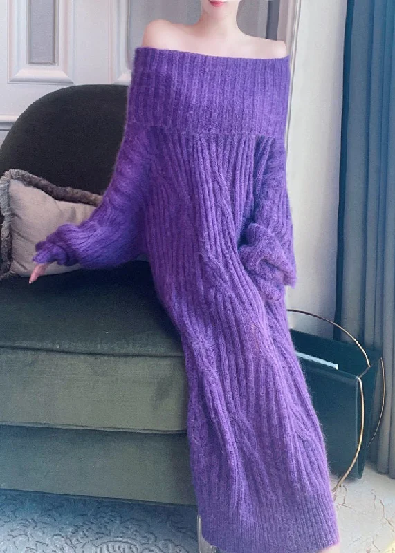 Classy Purple Cold Shoulder Patchwork Ma Hai Mao Knit Sweater Dress Winter High Neck Crew Neck V-Neck Classy Purple Cold Shoulder Patchwork Ma Hai Mao Knit Sweater Dress Winter High Neck Crew Neck V-Neck
