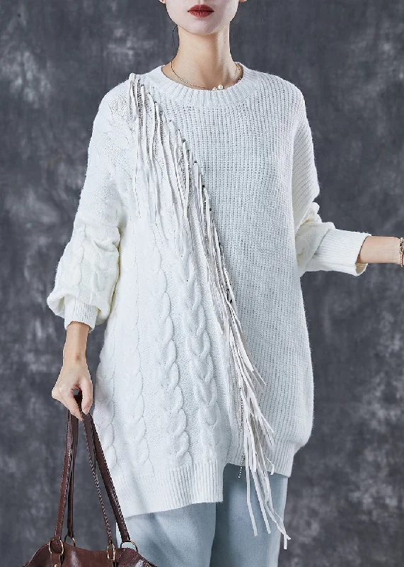Classy White Tasseled Patchwork Knit Knit Sweater Dress Winter Sweater Knitwear Pullover Classy White Tasseled Patchwork Knit Knit Sweater Dress Winter Sweater Knitwear Pullover