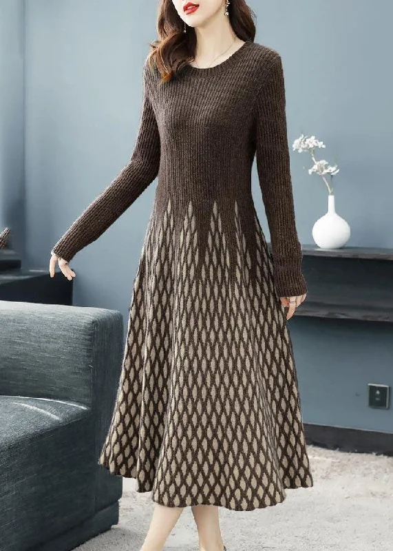 Chocolate Plaid Knit Sweater Dress Exra Large Hem Long Sleeve