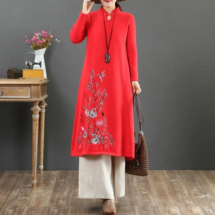 Cozy stand collar Sweater embroidery dress outfit Upcycle red Tejidos knit dress Nylon Fabric Polyester Fabric Spandex Fabric Cozy stand collar Sweater embroidery dress outfit Upcycle red Tejidos knit dress Nylon Fabric Polyester Fabric Spandex Fabric