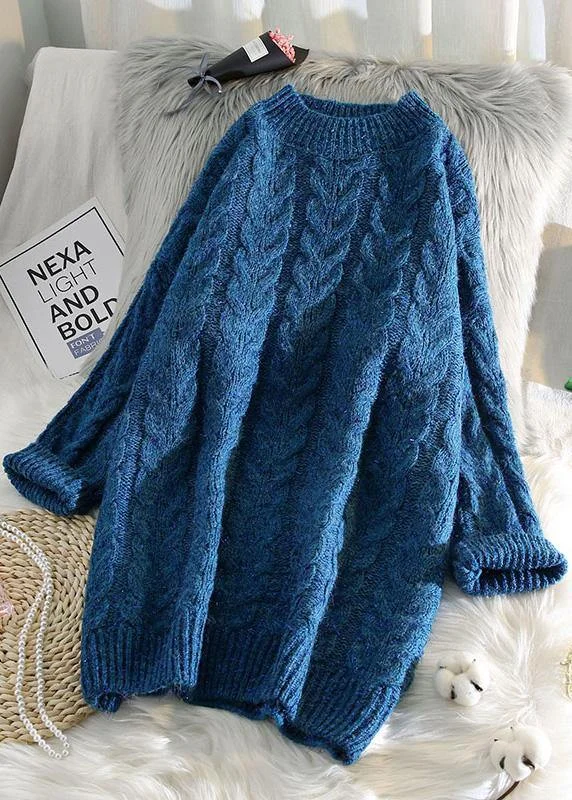 Cute blue Sweater outfits Street Style thick o neck baggy knit dresses Bright Pastel Dark