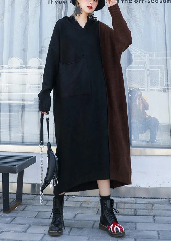 Cute Brown Patchwork Sweater Aesthetic Women Hooded Winter Knitted Dresses Satin Fabric Silk Fabric Chiffon Fabric Cute Brown Patchwork Sweater Aesthetic Women Hooded Winter Knitted Dresses Satin Fabric Silk Fabric Chiffon Fabric