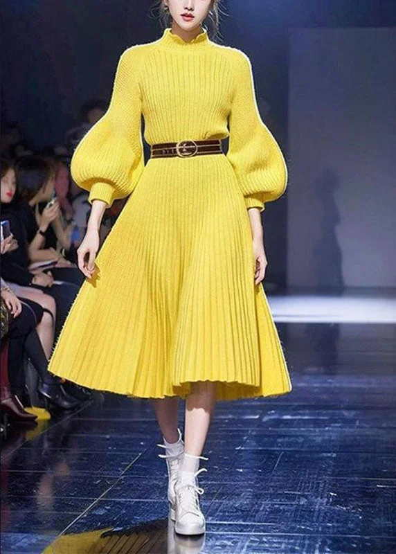 Cute Yellow Tunic Cotton Knit Sweater Dress Lantern Sleeve Wool Fabric Cashmere Fabric Tweed Fabric Cute Yellow Tunic Cotton Knit Sweater Dress Lantern Sleeve Wool Fabric Cashmere Fabric Tweed Fabric
