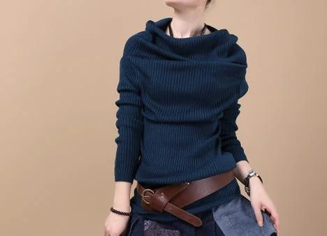 Dark blue Sweater dress tunic Ribbed Striped Patterned