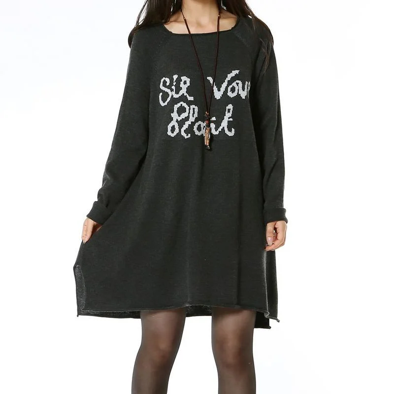 Dark grey knitted sweater dresses looose style Front Pockets Side Pockets Patch Pockets