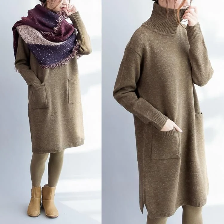 Deep khaki knit sweater dress oversize knitted dresses long sleeve cotton sweaters Welt Pockets Slit Pockets Flap Pockets