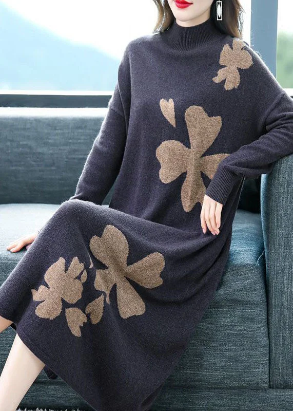 DIY Purple Stand Collar Embroideried Knit Cashmere Sweater Dress Long Sleeve Notch Collar Peter Pan Collar Cowl Neck