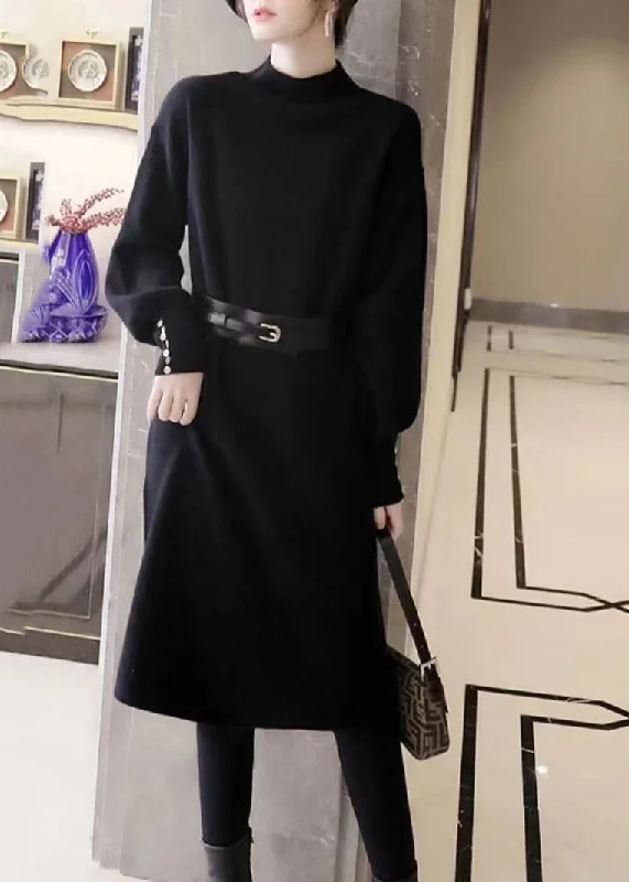 Elegant Black Stand Collar Tie Waist Patchwork Knit Sweater Dress Fall