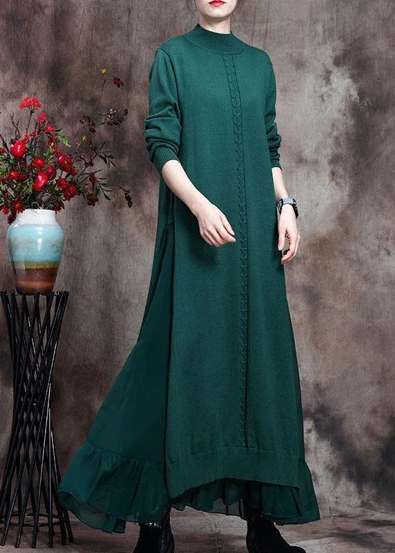 Elegant Green Stand Collar asymmetrical design Fall Knit Sweater Dress Collared Crew Neck Turtle Neck