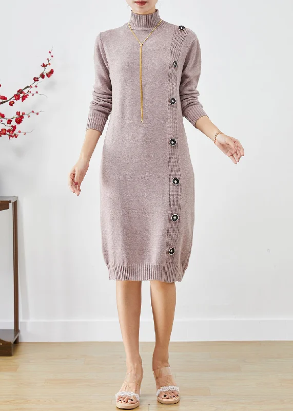 Elegant Light Purple High Neck Button Knit Sweater Dress Fall Polka Dot Checkered Tartan