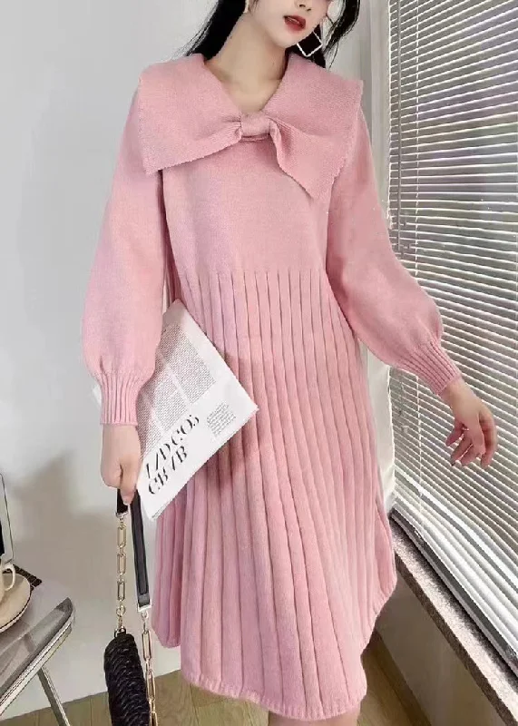 Elegant Pink Bow Wrinkled Knit Sweater Dress Winter Turtle Neck Boat Neck Asymmetrical Neck Elegant Pink Bow Wrinkled Knit Sweater Dress Winter Turtle Neck Boat Neck Asymmetrical Neck