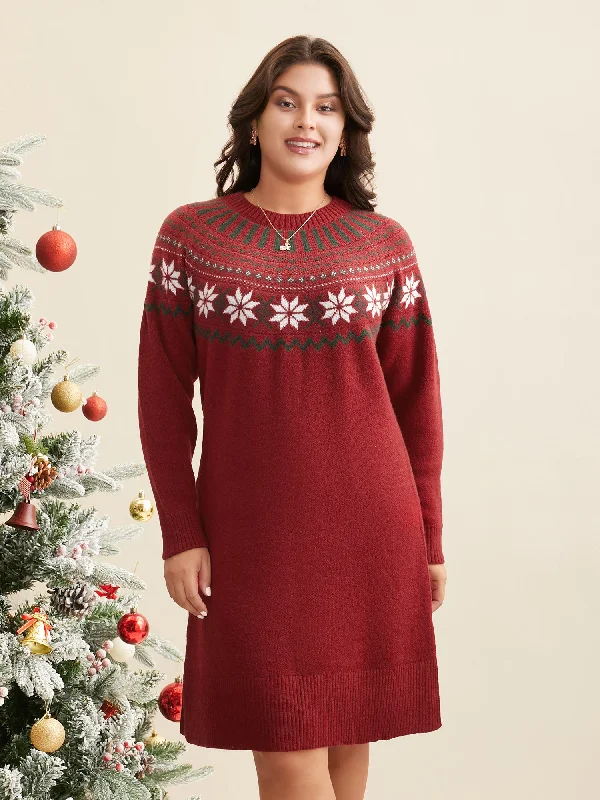 Fair Isle Geometric Midi Sweater Dress Tailored Straight A-Line