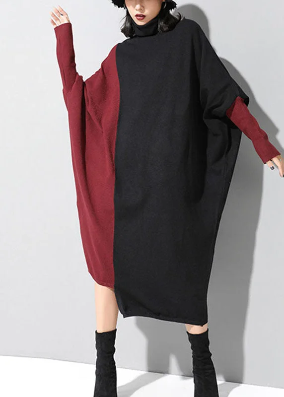 Fitted Black Patchwork Red asymmetrical design Fall Winter Sweater Dress Fitted Loose Oversized Fitted Black Patchwork Red asymmetrical design Fall Winter Sweater Dress Fitted Loose Oversized