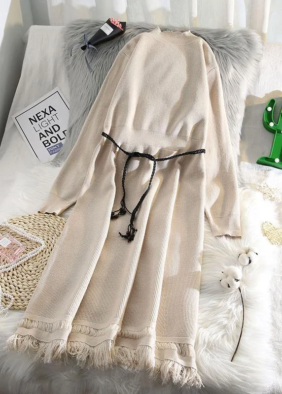 For Spring tassel Sweater weather fashion beige Hipster knitted dress Boat Neck Shawl Collar Notched Collar For Spring tassel Sweater weather fashion beige Hipster knitted dress Boat Neck Shawl Collar Notched Collar