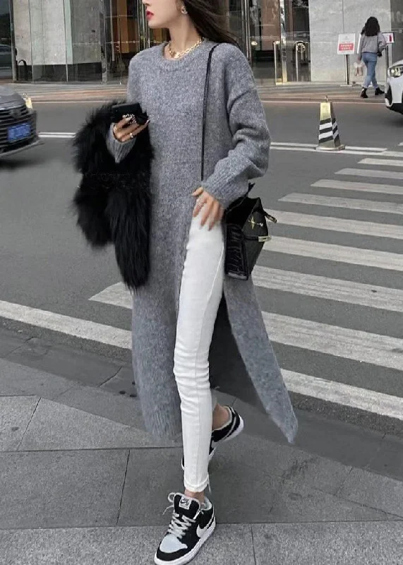 Grey Thick Patchwork Knit Sweaters Dress O Neck Side Open Fall Open Front Closed Front Wrap Front Grey Thick Patchwork Knit Sweaters Dress O Neck Side Open Fall Open Front Closed Front Wrap Front