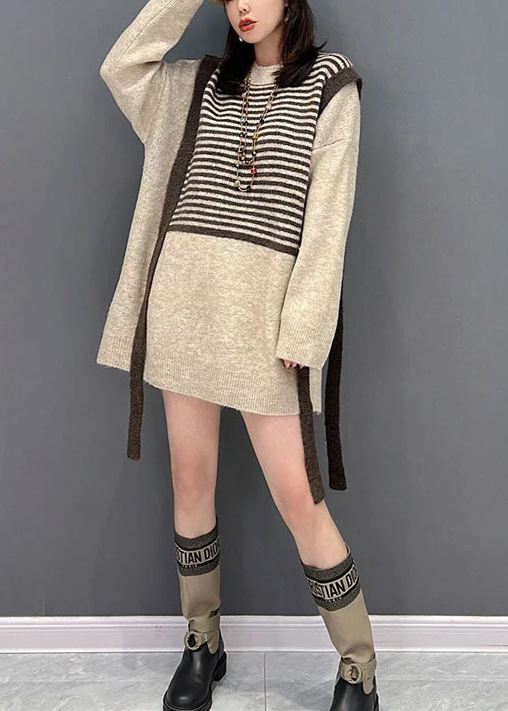 Handmade Khaki Patchwork Striped Knit Long Sweater Winter Cable Knit Ribbed Knit Lace Knit Handmade Khaki Patchwork Striped Knit Long Sweater Winter Cable Knit Ribbed Knit Lace Knit