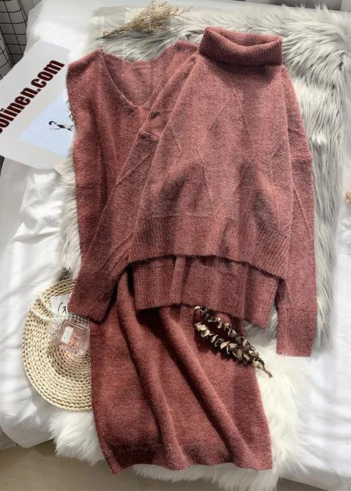 High collar red sweater women's loose and thickened autumn and winter suspender wool dress two piece set Nylon Fabric Polyester Fabric Spandex Fabric High collar red sweater women's loose and thickened autumn and winter suspender wool dress two piece set Nylon Fabric Polyester Fabric Spandex Fabric