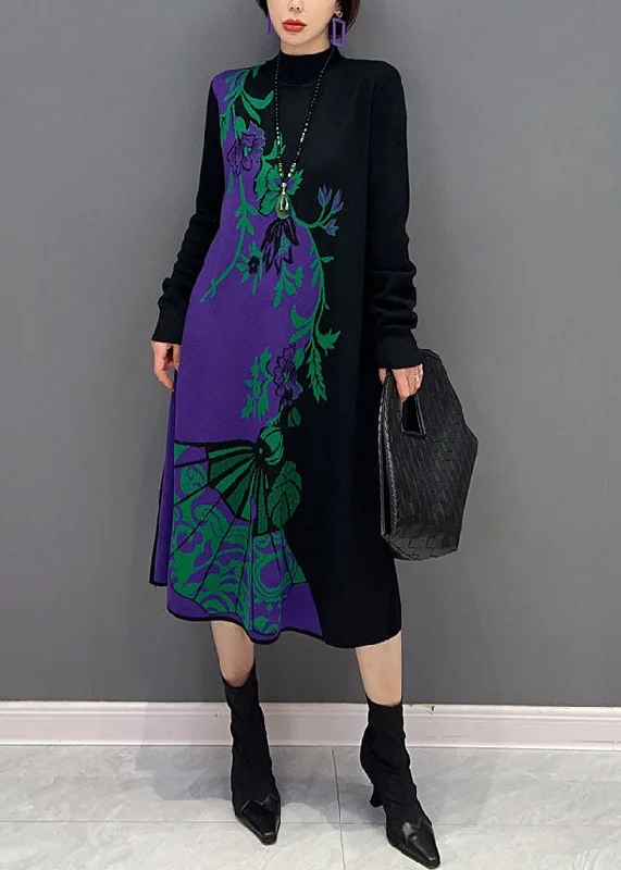 Italian Black Hign Neck Print Knit Sweater Dress Winter