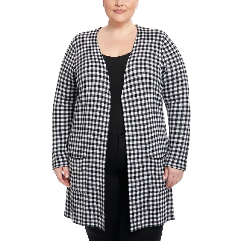 Joseph A. Womens Plus Checkered Open Front Duster Sweater Anti-Pilling Anti-Shrink Durable