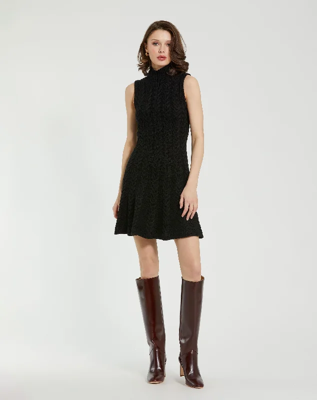 Cable Knit Turtle Neck Sleeveless Mini Sweater Knit Dress Mesh Fabric Canvas Fabric Denim Fabric
