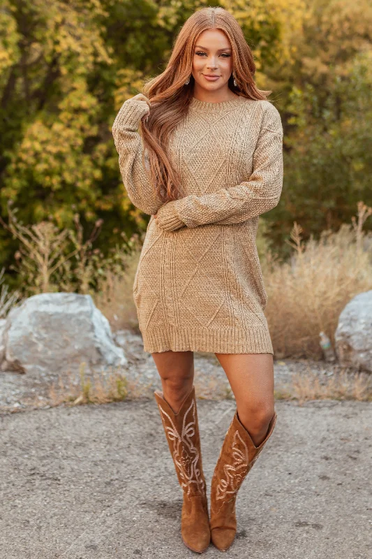Latte Cable Knit Loose Fit Short Sweater Dress Glossy Satin Silk