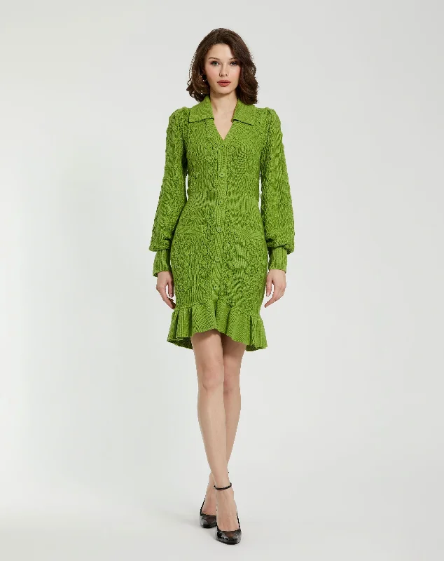 Long Sleeve Button Up Collared Bobble Knit Sweater Dress Chenille Fabric Brocade Fabric Lace Fabric