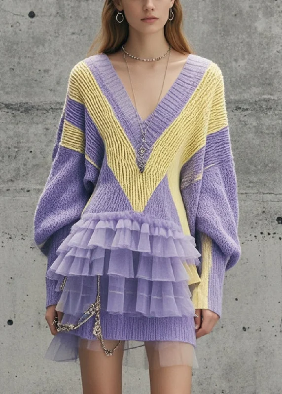 Modern Lavender V Neck Patchwork Tulle Long Sweater Fall Hooded Sweater Collared Sweater Shawl Collar Modern Lavender V Neck Patchwork Tulle Long Sweater Fall Hooded Sweater Collared Sweater Shawl Collar