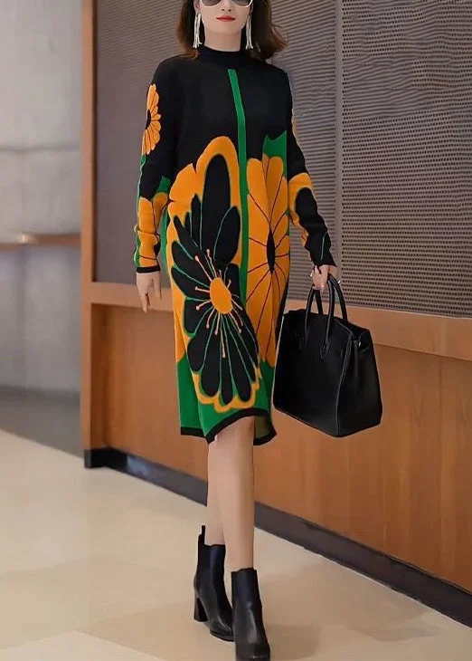 New Patchwork Turtleneck Print Patchwork Knit Long Sweater Dress Fall Solid Color Striped Floral Print New Patchwork Turtleneck Print Patchwork Knit Long Sweater Dress Fall Solid Color Striped Floral Print