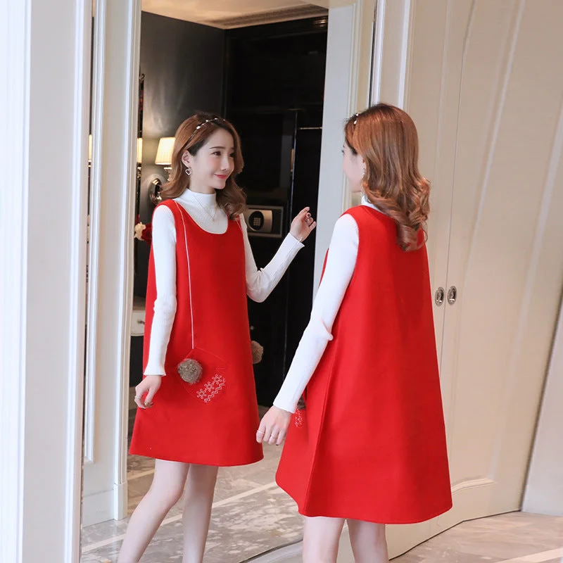 NiDELL Autumn and Winter Clothes for Pregnant Women . New Woolen Embroidery Vest Dress plus Two-Piece Sweater Maternity Dress Sequined Glittery Shiny