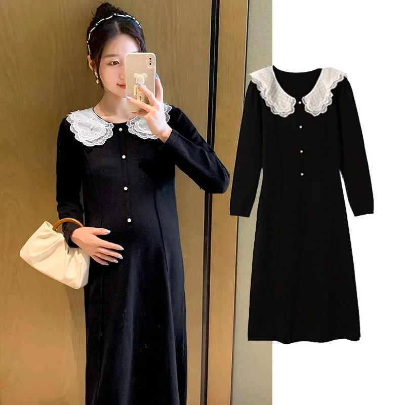 NiDELL . Autumn and Winter New Core-Spun Yarn Maternity Dress Contrast Color Sweater Elegant Dress Casual Formal Business