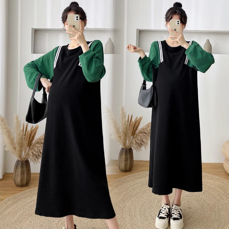 NiDELL . Autumn and Winter New Large Size Maternity Dress Stitching False Two-Piece Sweaters Maternity Dress Terry Terry Cloth Terry Knit