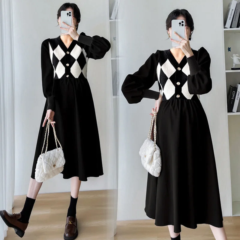 NiDELL . Autumn and Winter New Maternity Dress Classic Style Rhombic Knitted Sweater Stitching Fake Two-Piece Maternity Dress Anti-Pilling Anti-Shrink Durable